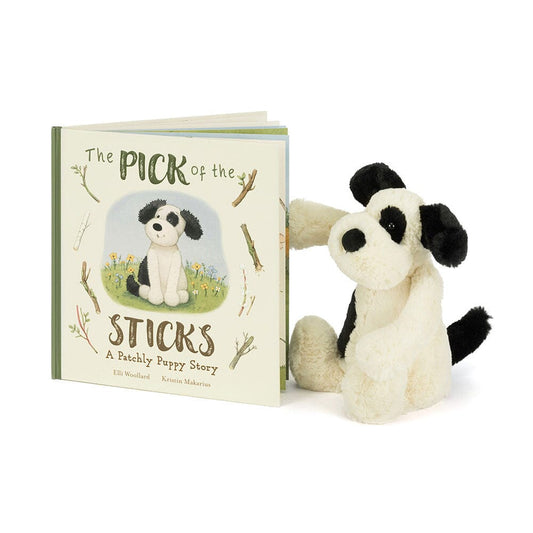 Jellycat Bundle - The Pick of the Sticks Book and Bashful Black & Cream Puppy